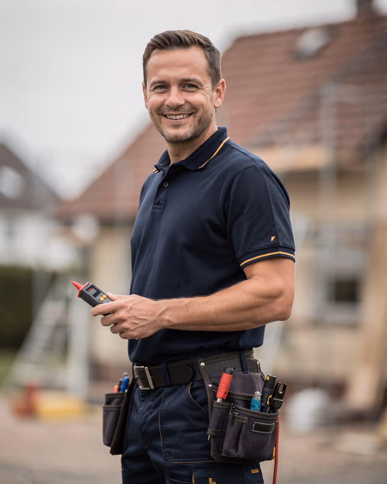 Freundlicher Elektriker aus Ulm in sauberer dunkelblauer Arbeitskleidung, eine Hand am Werkzeuggürtel