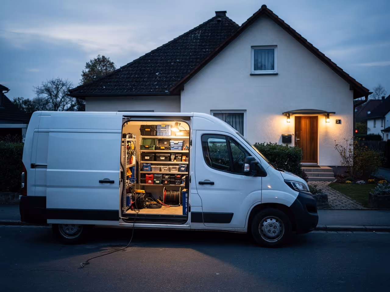 Weißer Elektriker-Servicewagen mit geöffneter Schiebetür und geordneter Ausrüstung vor einem Haus in Ulm in der Dämmerung