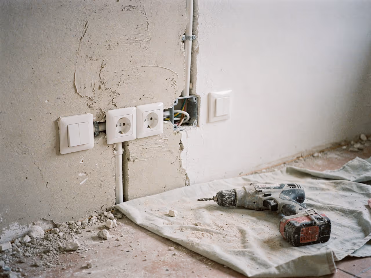 Neu gesetzte Unterputz-Steckdosen und ein Lichtschalter auf frisch verputzter Wand bei einer Elektroinstallation in Ulm