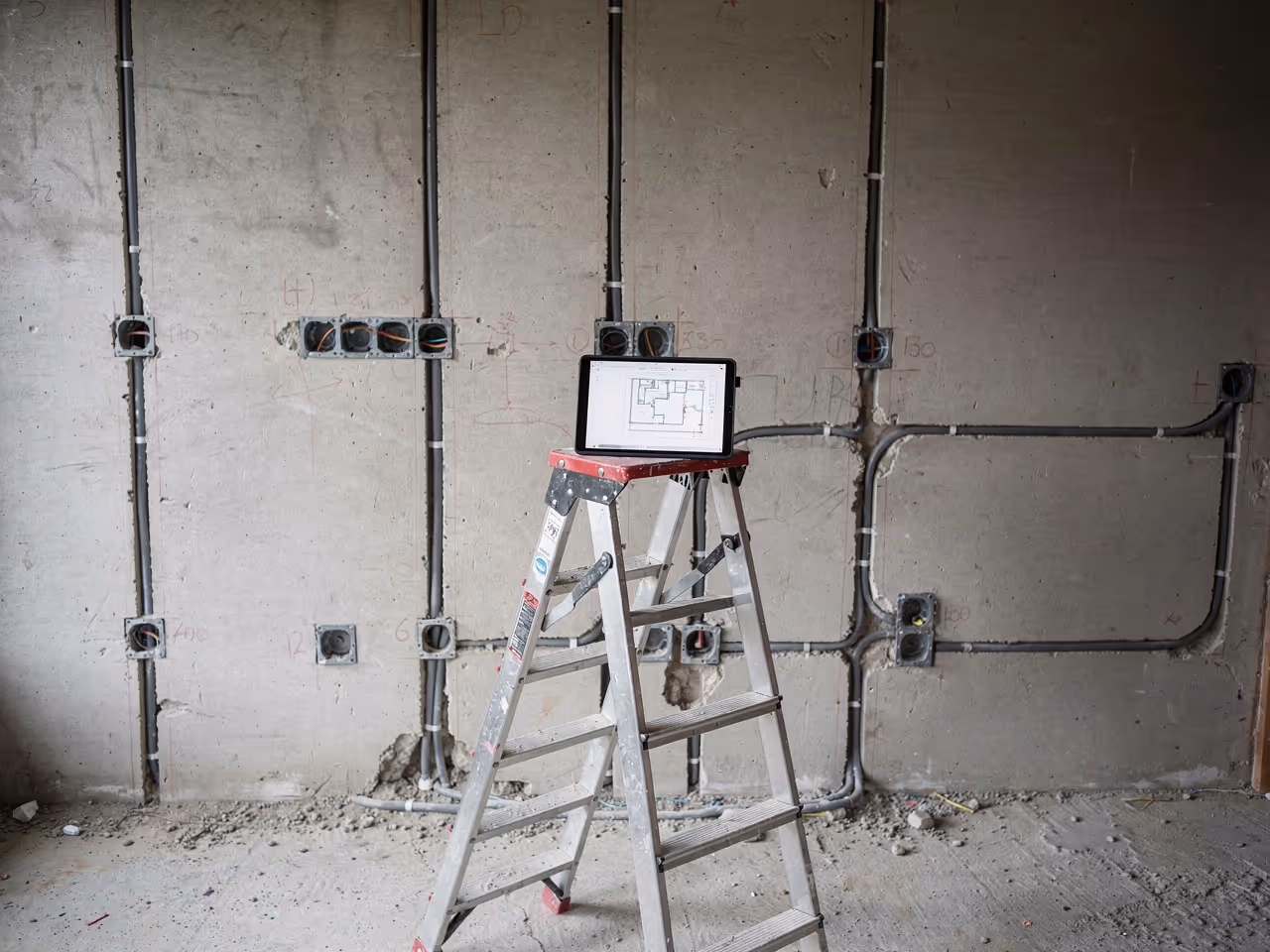 Verlegte Leerrohre und markierte Unterputzdosen an einer Neubauwand bei der Elektroplanung in Ulm