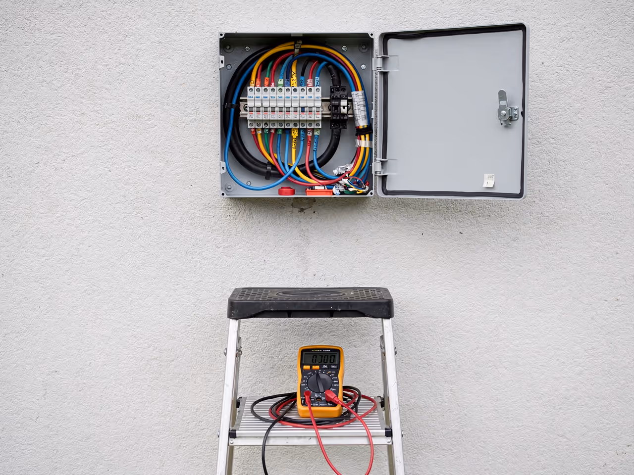 Offenes Wallbox-Gehäuse mit angeschlossener Drehstrom-Verkabelung bei der Inbetriebnahme in Ulm